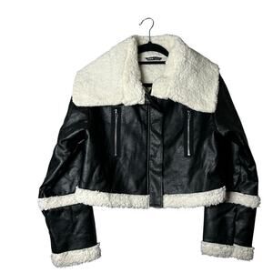 Shein Jacket‎ Womens L Black Teddy Sherpa Lined Zip Up Cropped Moto Coat